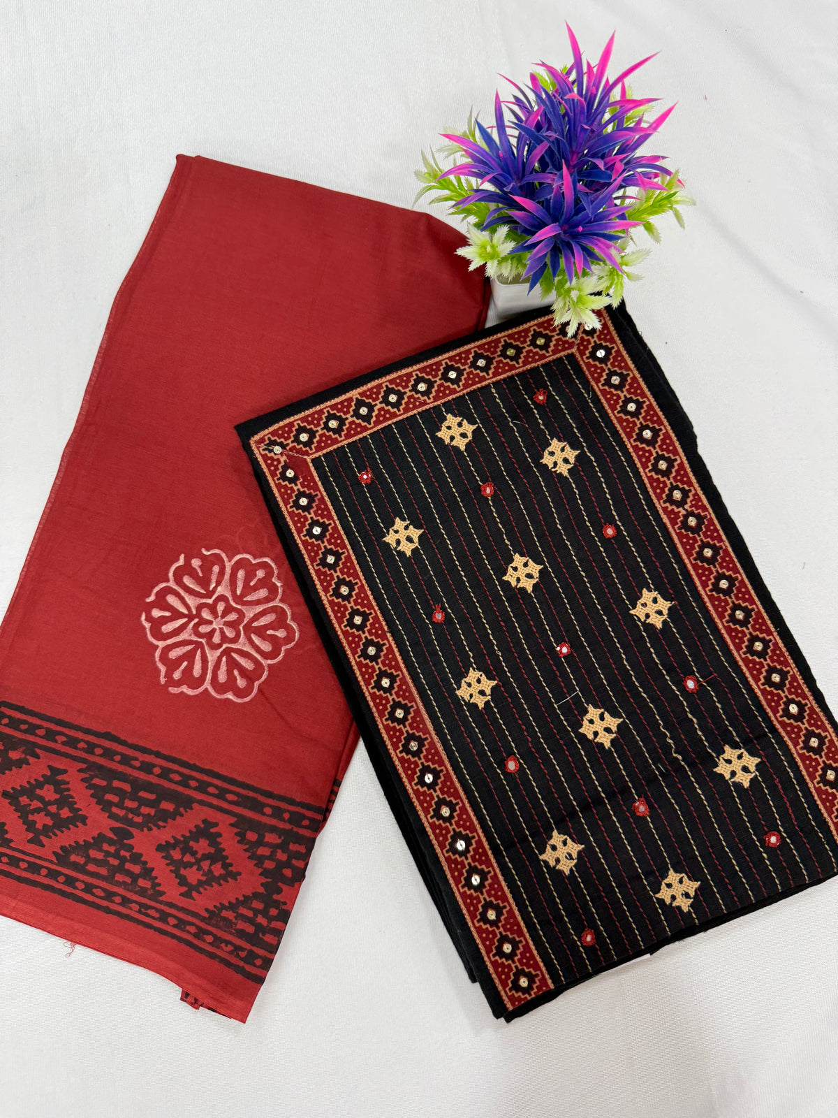 Salwar SLM-SLW-0073 - Brick red with a black printed top