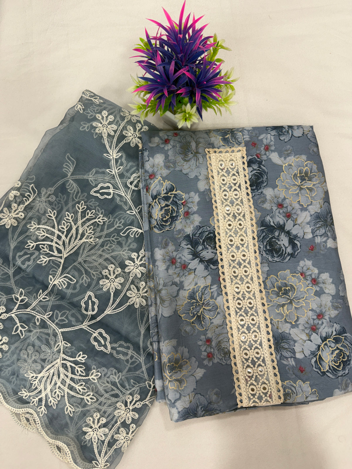 Salwar SLM-SLW-0076 - Grey-blue with floral embroidery