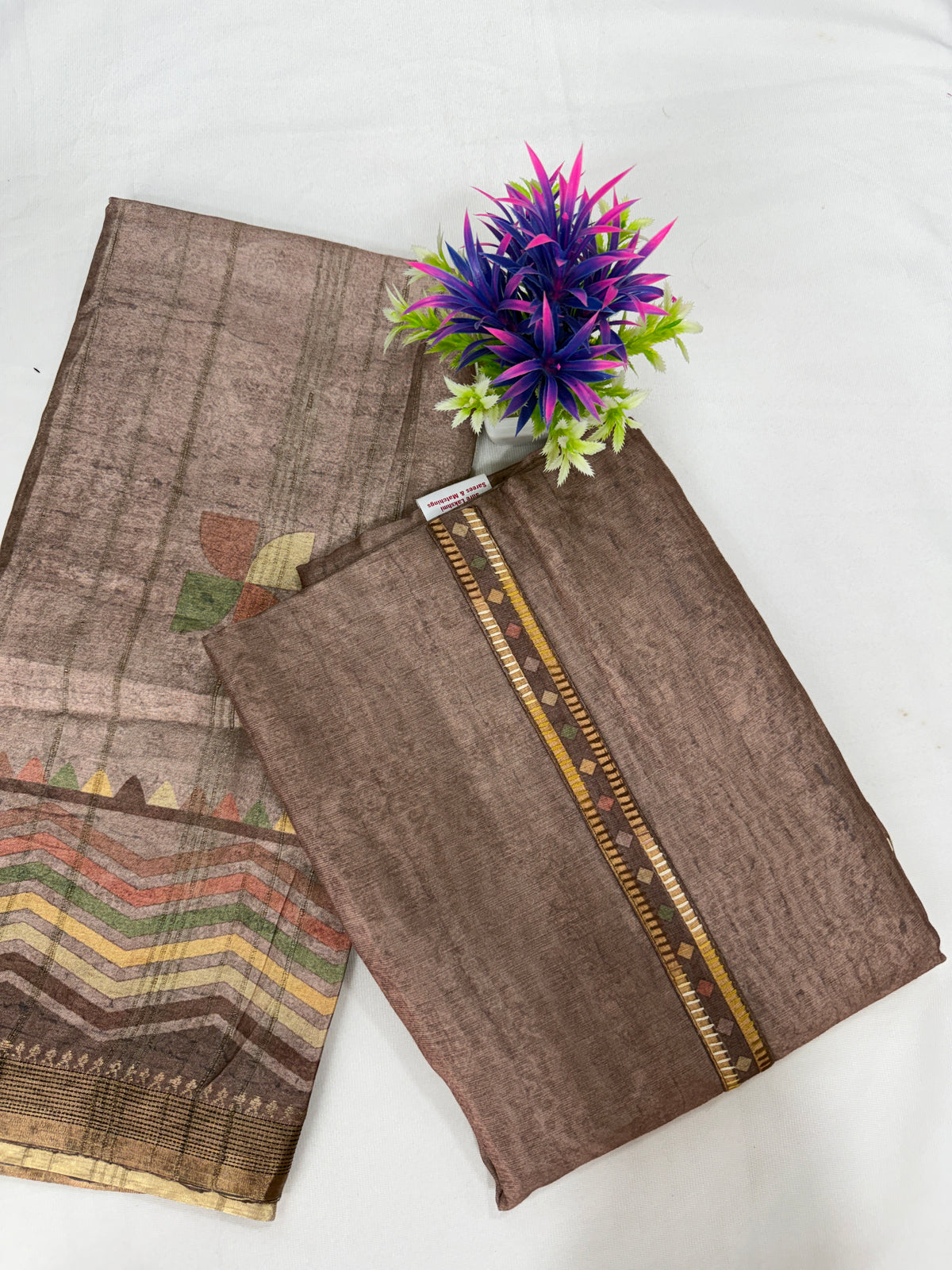 Salwar SLM-SLW-0078 - Taupe brown with a striped border