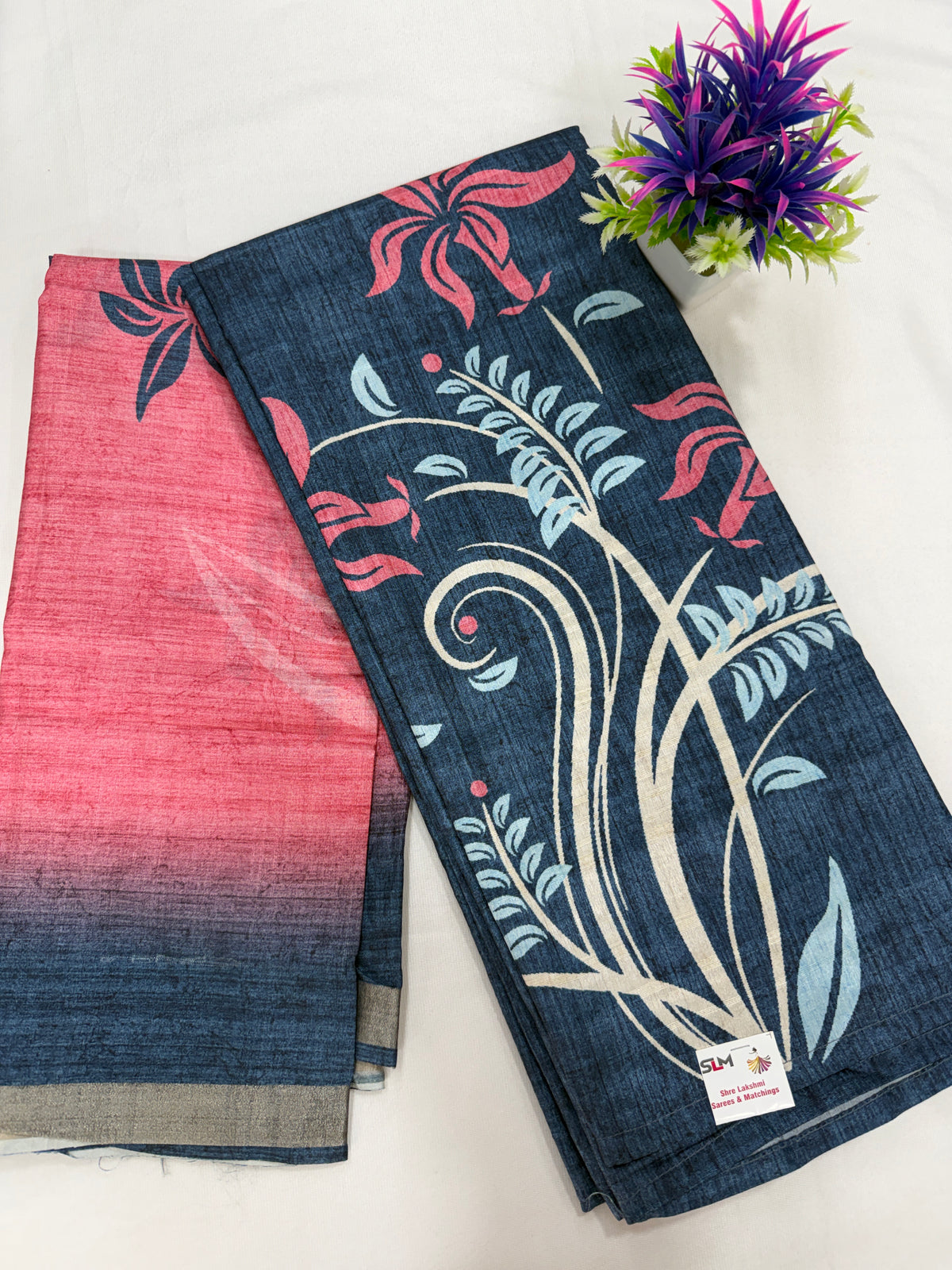 Salwar SLM-SLW-0081 - Navy blue with a floral print and pink dupatta