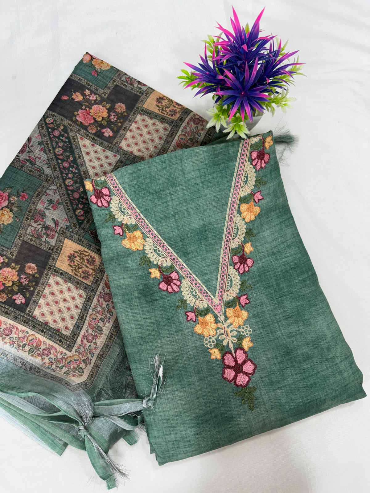 Salwar SLM-SLW-0087 - Sage green with floral embroidery