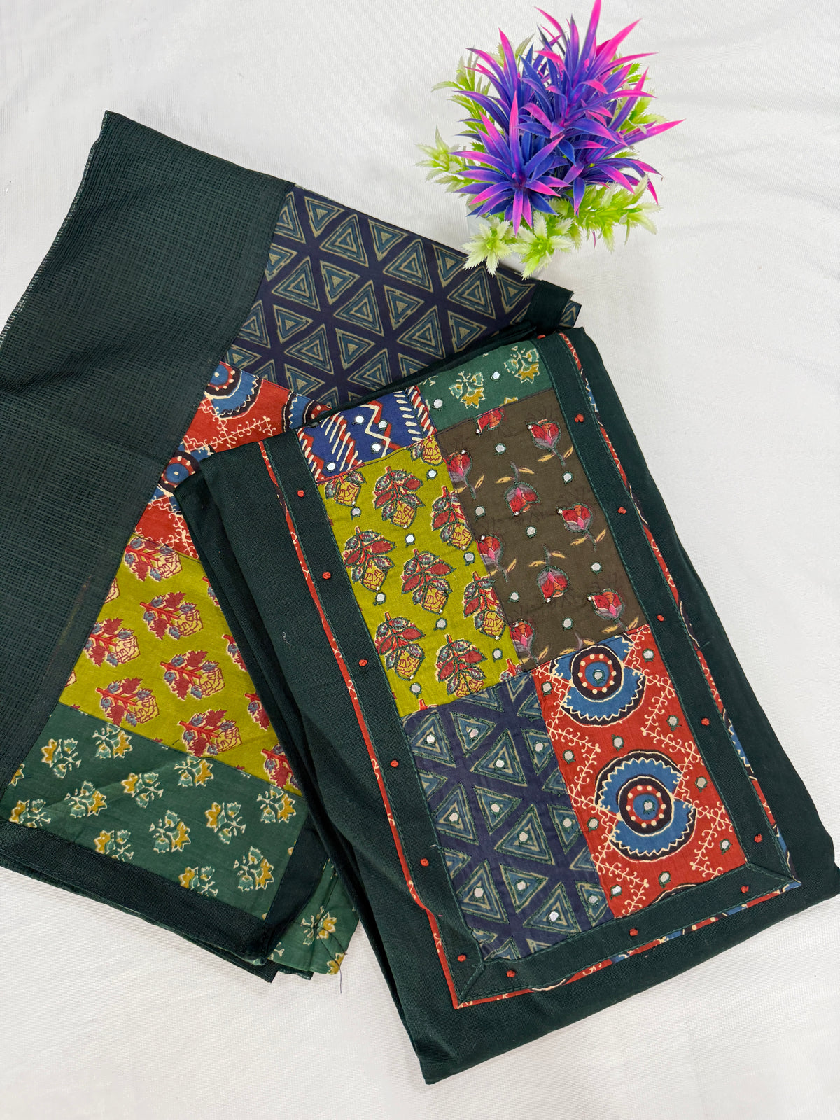 Salwar SLM-SLW-0094 - Bottle green with a patchwork print