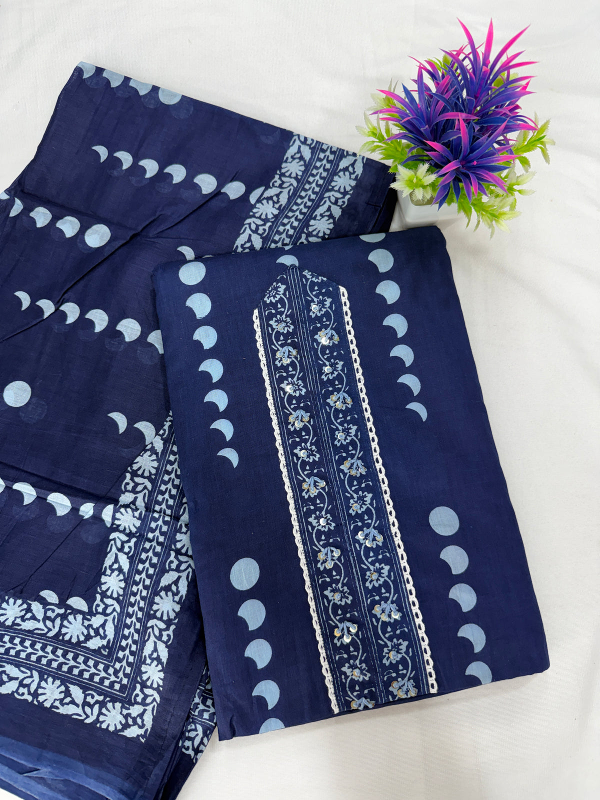 Salwar SLM-SLW-0095 - Navy blue with a white printed pattern