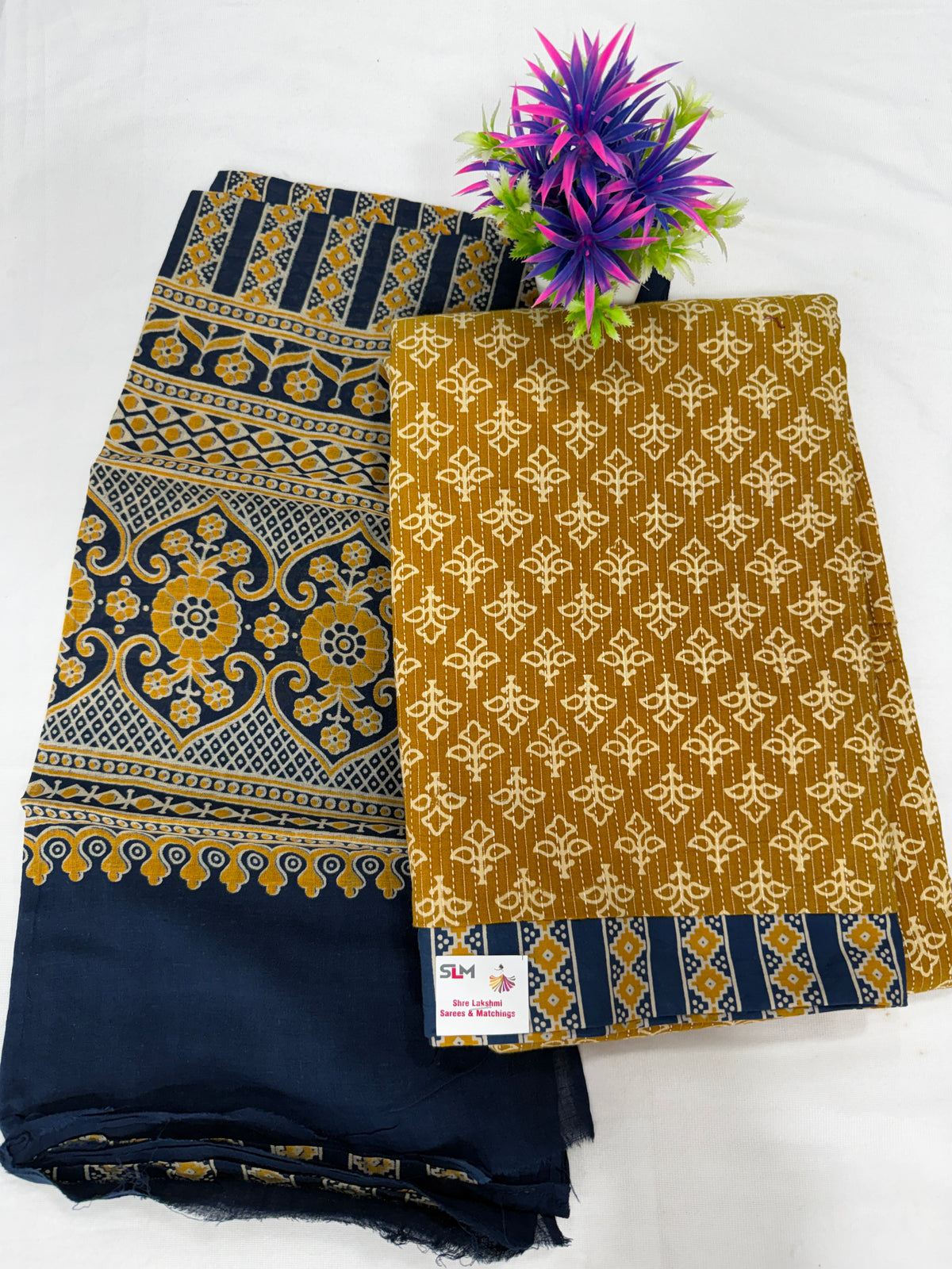 Salwar SLM-SLW-0098 - Mustard yellow with a navy patterned dupatta