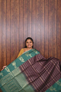 Semi Tussar Saree SLM-STS-0001 - Brown striped body with a teal border and pallu - front view