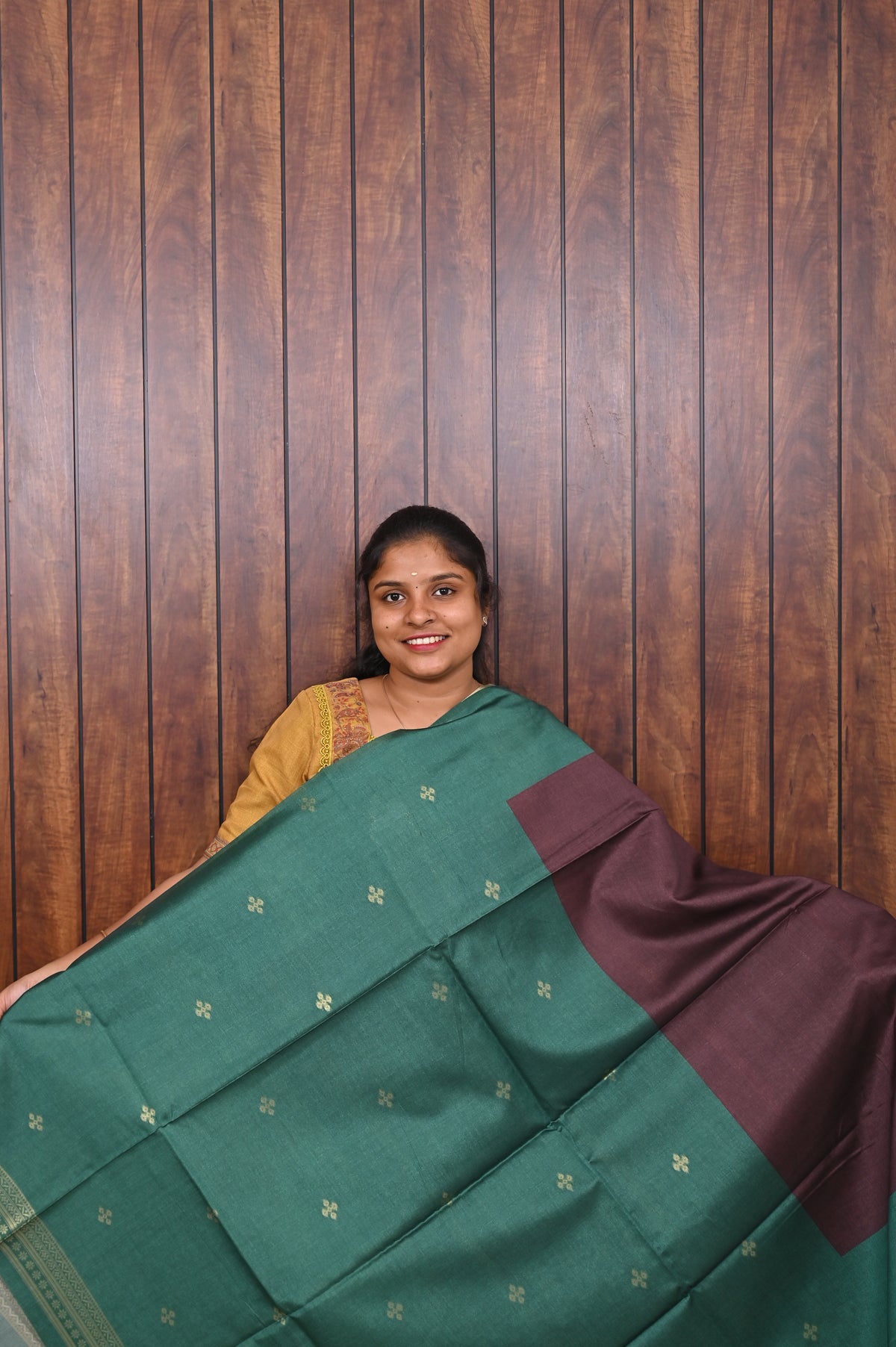 Semi Tussar Saree SLM-STS-0001 - Brown striped body with a teal border and pallu - second view