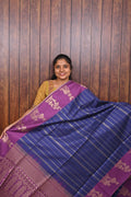 Semi Tussar Saree SLM-STS-0002 - Navy blue striped body with a purple border and pallu - front view