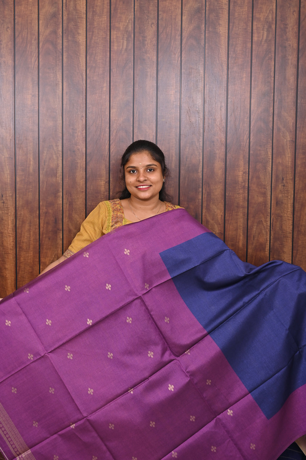 Semi Tussar Saree SLM-STS-0002 - Navy blue striped body with a purple border and pallu - second view