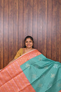 Semi Tussar Saree SLM-STS-0003 - Teal green with a peach pallu - front view