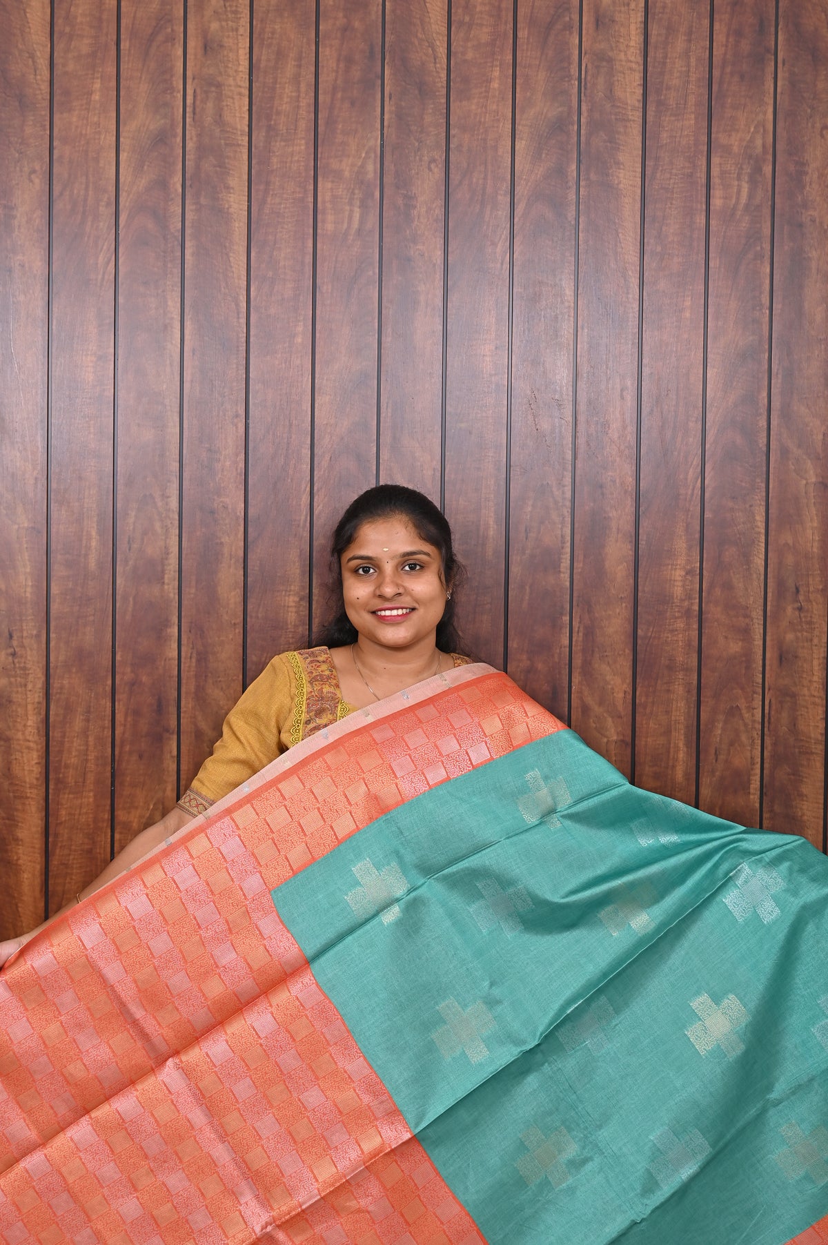 Semi Tussar Saree SLM-STS-0003 - Teal green with a peach pallu - front view