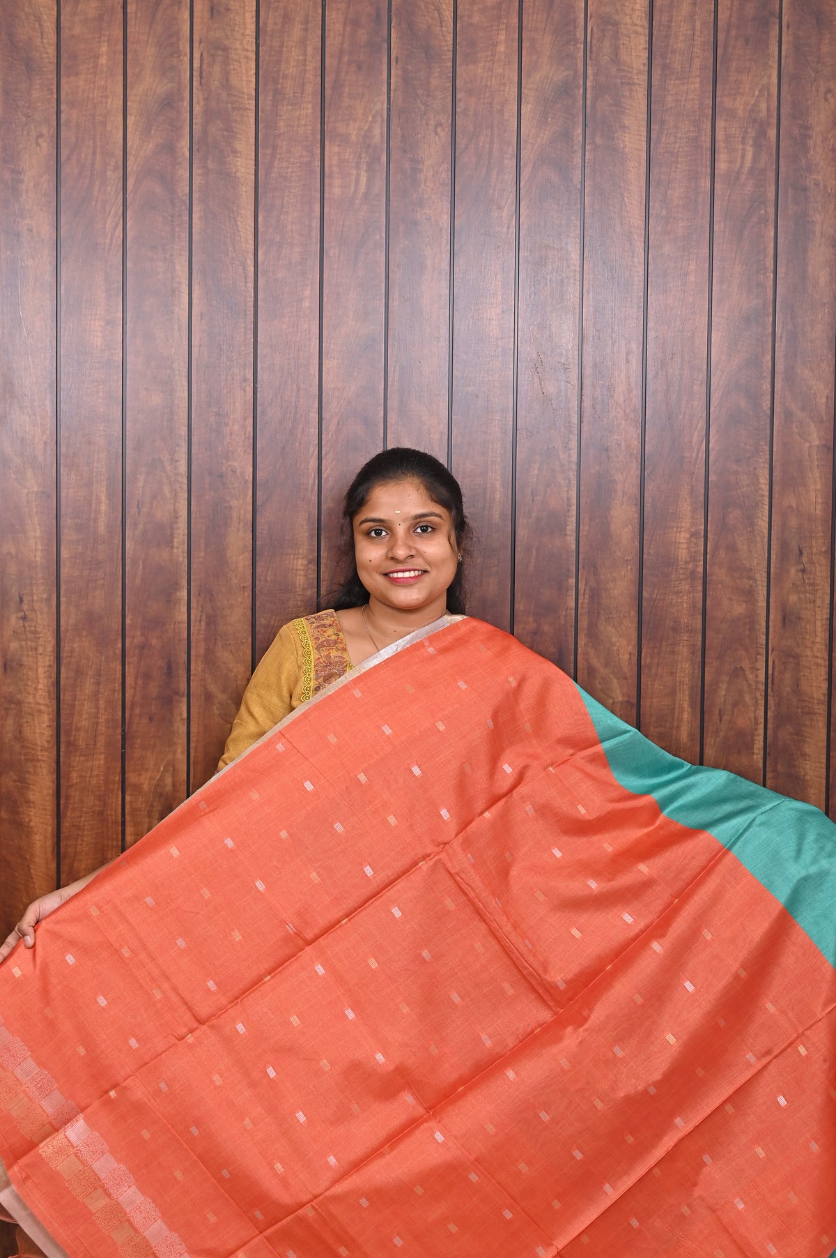 Semi Tussar Saree SLM-STS-0003 - Teal green with a peach pallu - second view