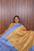 Semi Tussar Saree SLM-STS-0004 - Mustard gold with a blue border and pallu - front view