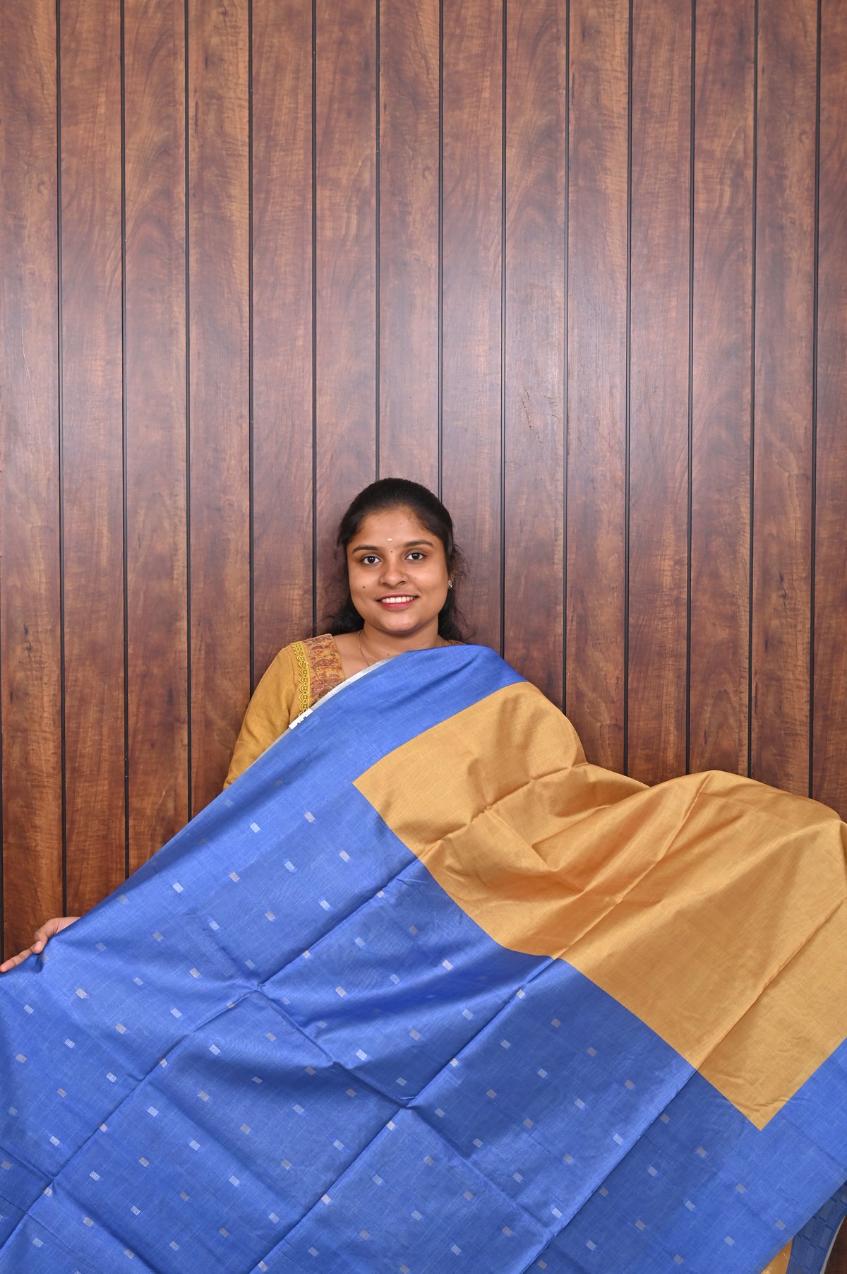 Semi Tussar Saree SLM-STS-0004 - Mustard gold with a blue border and pallu - second view