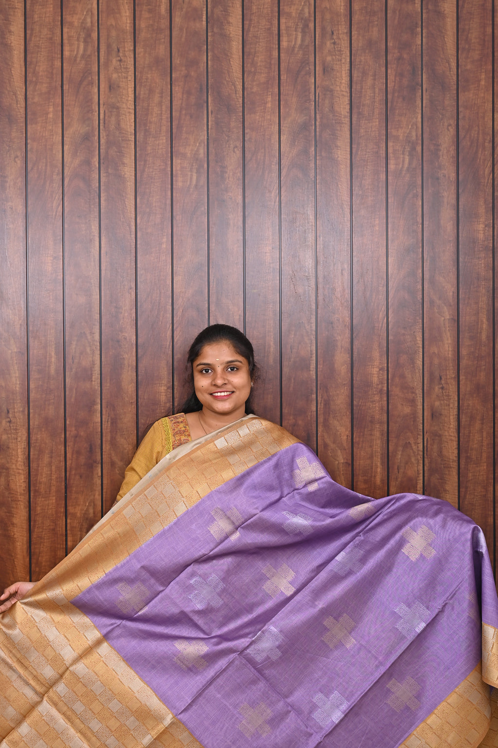 Semi Tussar Saree SLM-STS-0005 - Lavender with a gold border and pallu - front view