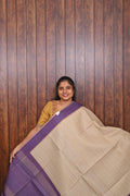 Semi Tussar Saree SLM-STS-0006 - Beige with a purple border and pallu - front view