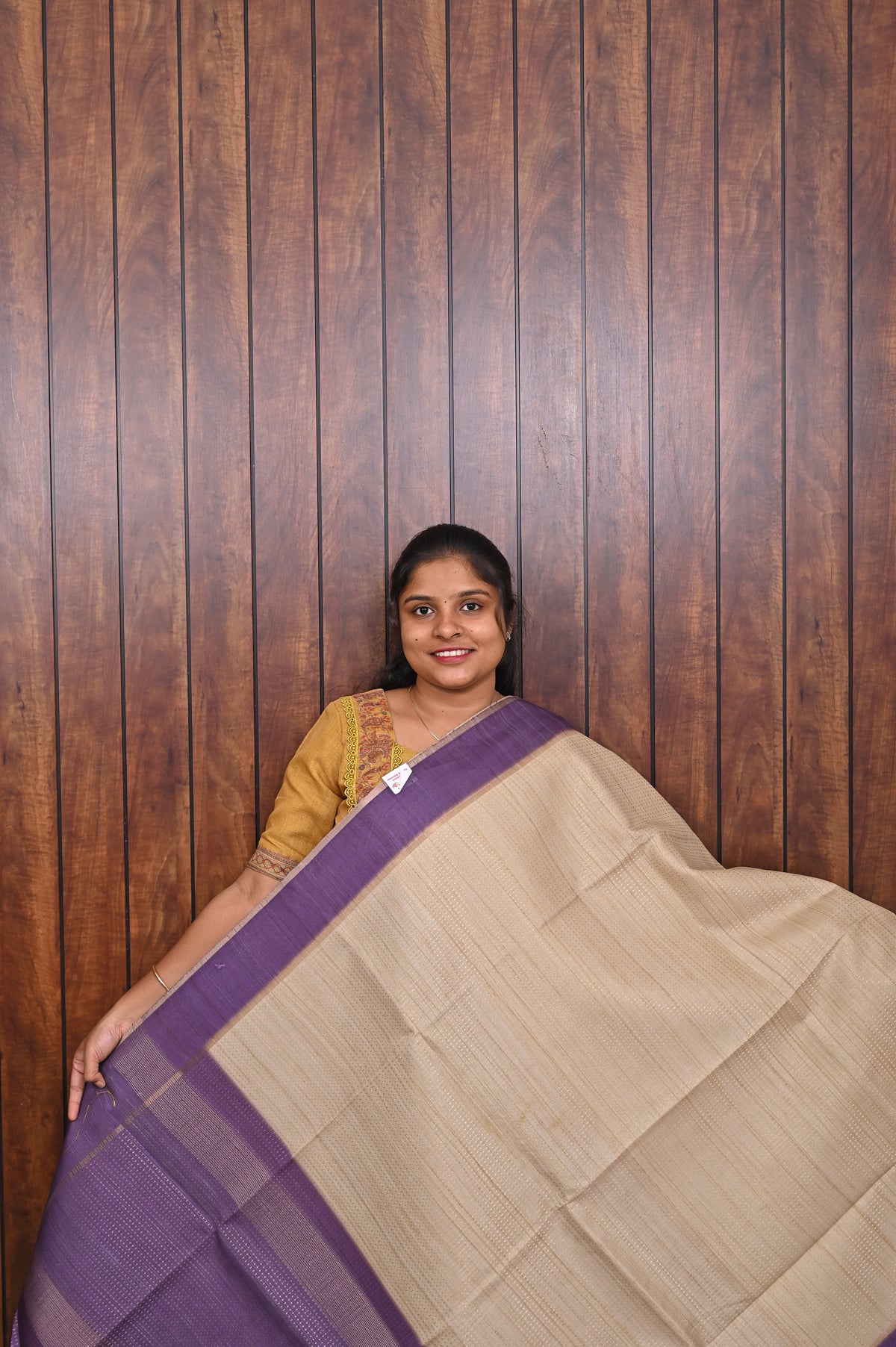 Semi Tussar Saree SLM-STS-0006 - Beige with a purple border and pallu - front view