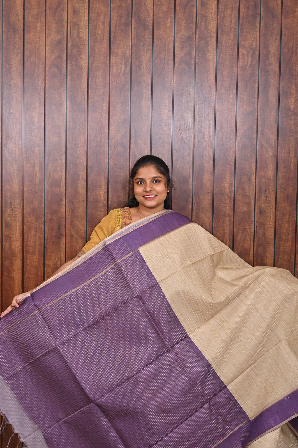 Semi Tussar Saree SLM-STS-0006 - Beige with a purple border and pallu - second view