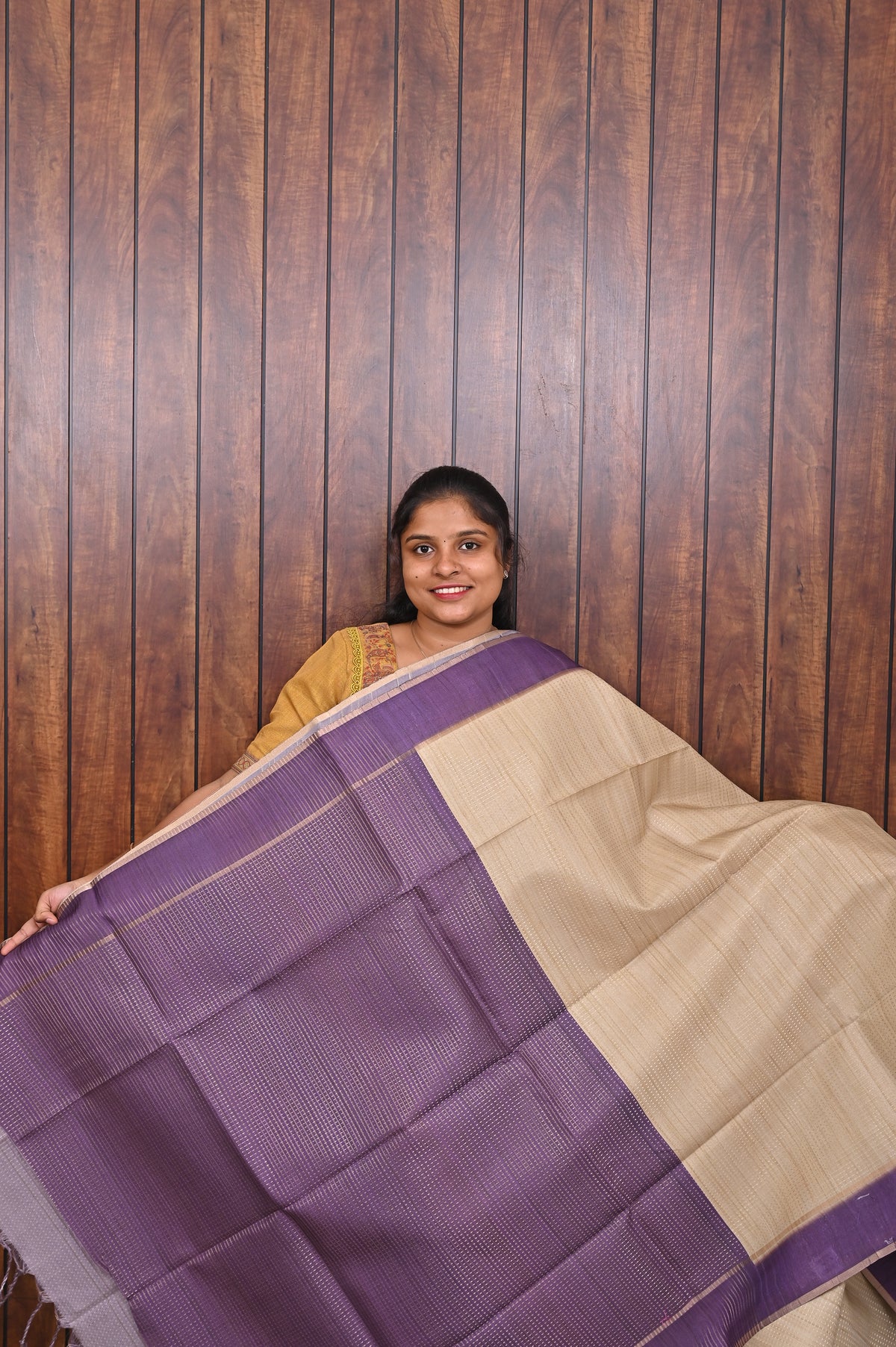 Semi Tussar Saree SLM-STS-0006 - Beige with a purple border and pallu - second view
