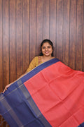 Semi Tussar Saree SLM-STS-0008 - Coral red with a navy blue border and pallu - front view