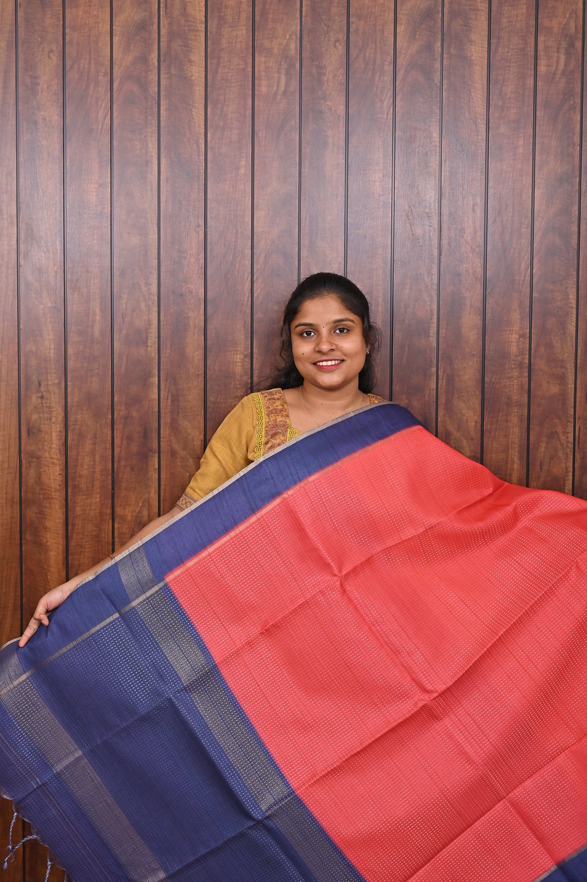 Semi Tussar Saree SLM-STS-0008 - Coral red with a navy blue border and pallu - front view