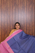 Semi Tussar Saree SLM-STS-0009 - Navy blue with a pink border and pallu - front view