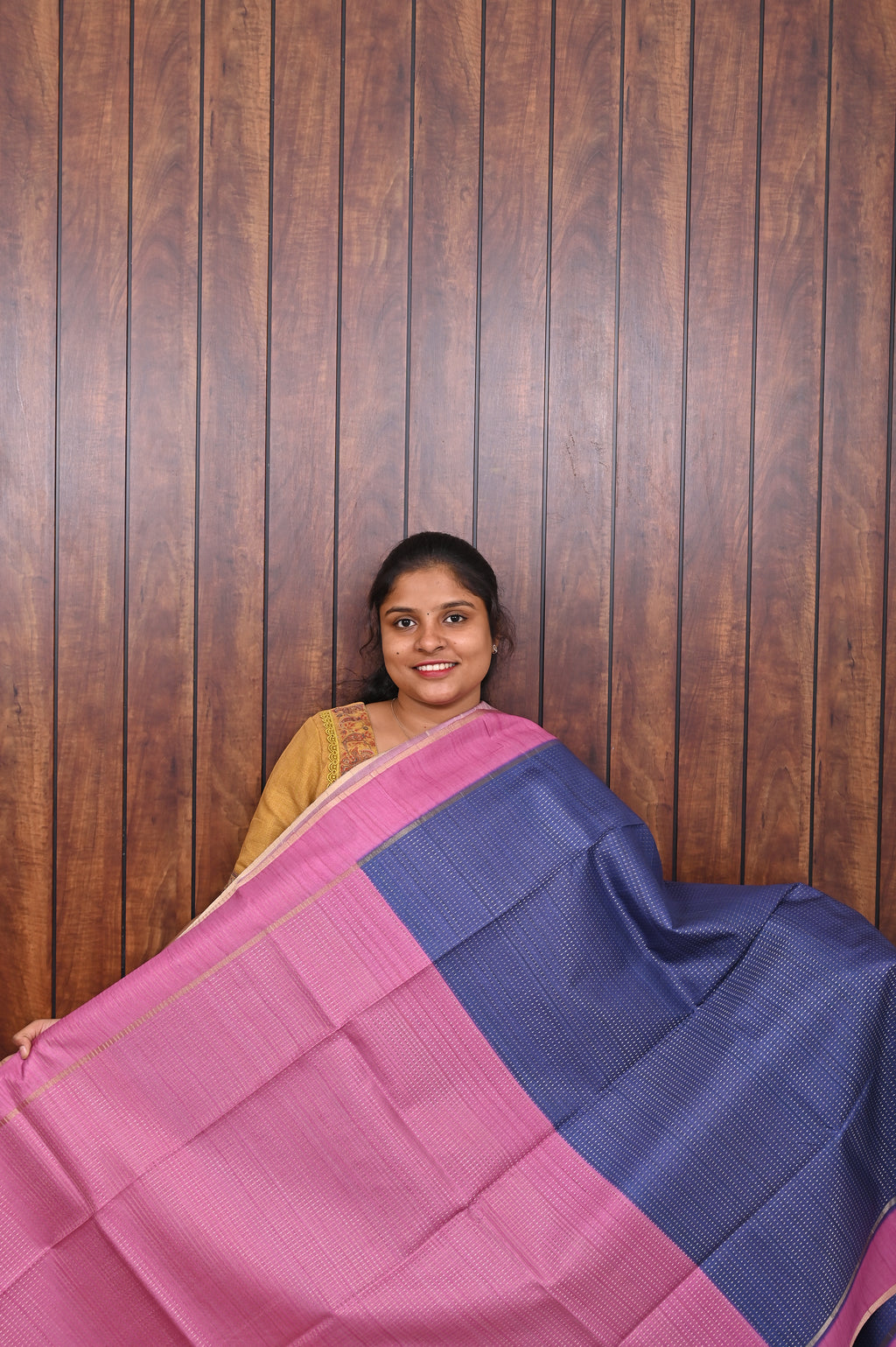 Semi Tussar Saree SLM-STS-0009 - Navy blue with a pink border and pallu - second view