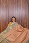 Semi Tussar Saree SLM-STS-0010 - Peach with wave motifs and a grey-green pallu - front view