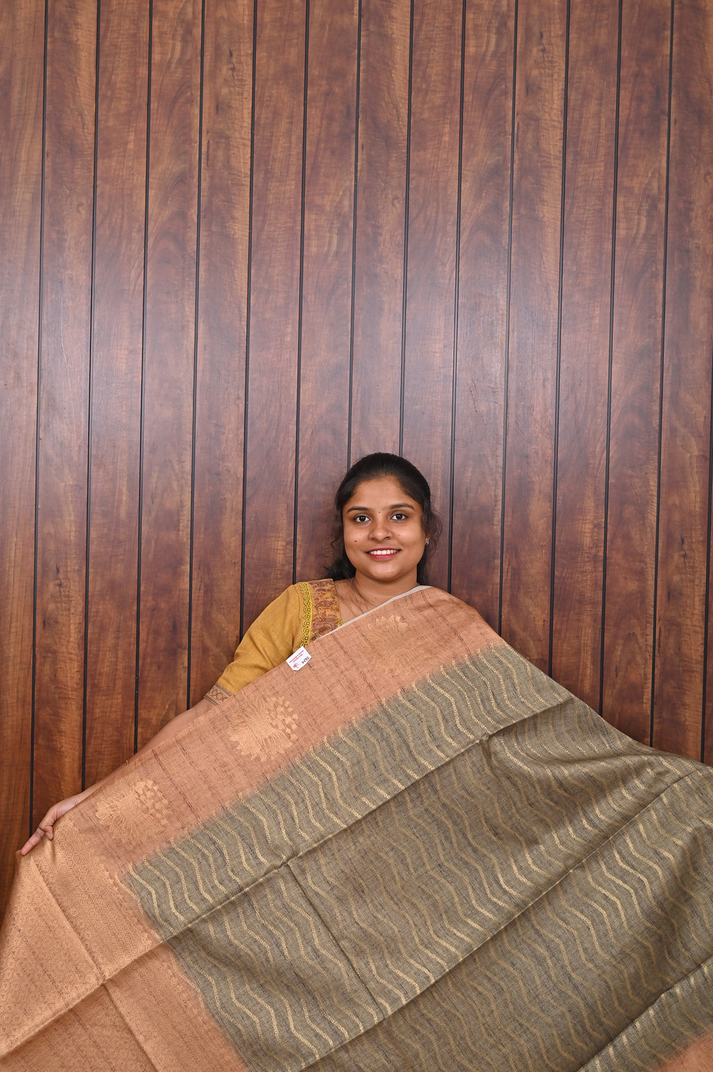 Semi Tussar Saree SLM-STS-0011 - Grey-green with wave motifs and a peach pallu - front view