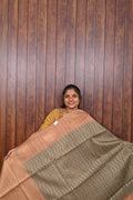 Semi Tussar Saree SLM-STS-0011 - Grey-green with wave motifs and a peach pallu - front view