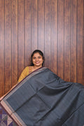 Semi Tussar Saree SLM-STS-0013 - Charcoal grey with a geometric patterned pallu - front view