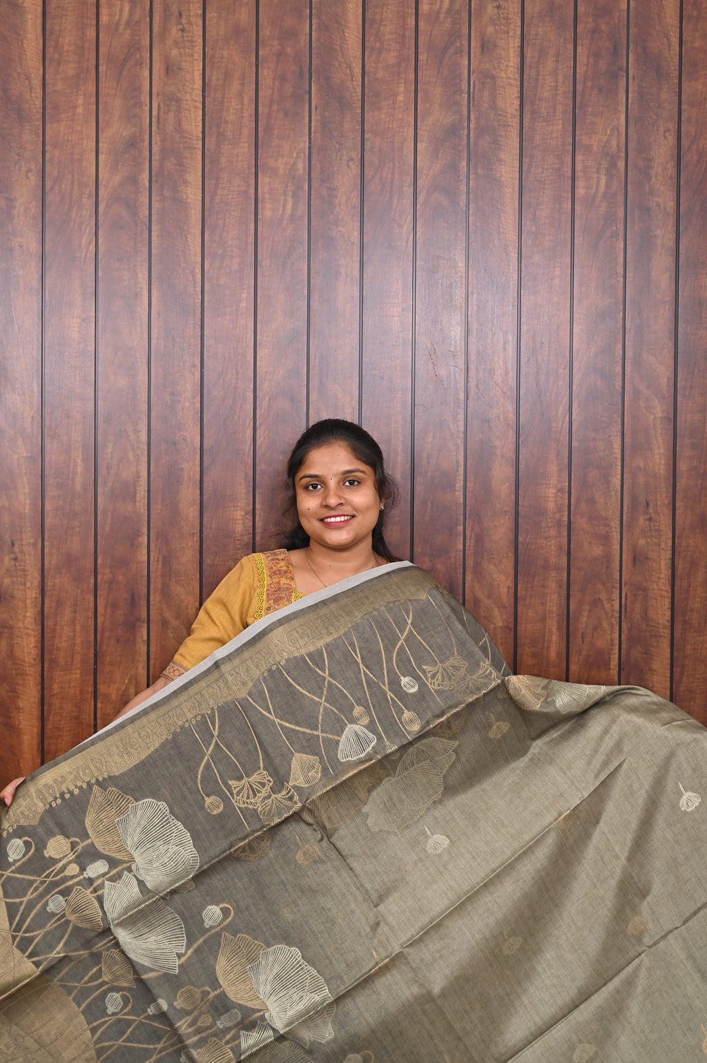 Semi Tussar Saree SLM-STS-0015 - Sage grey with lotus motifs - front view