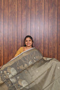 Semi Tussar Saree SLM-STS-0015 - Sage grey with lotus motifs - front view