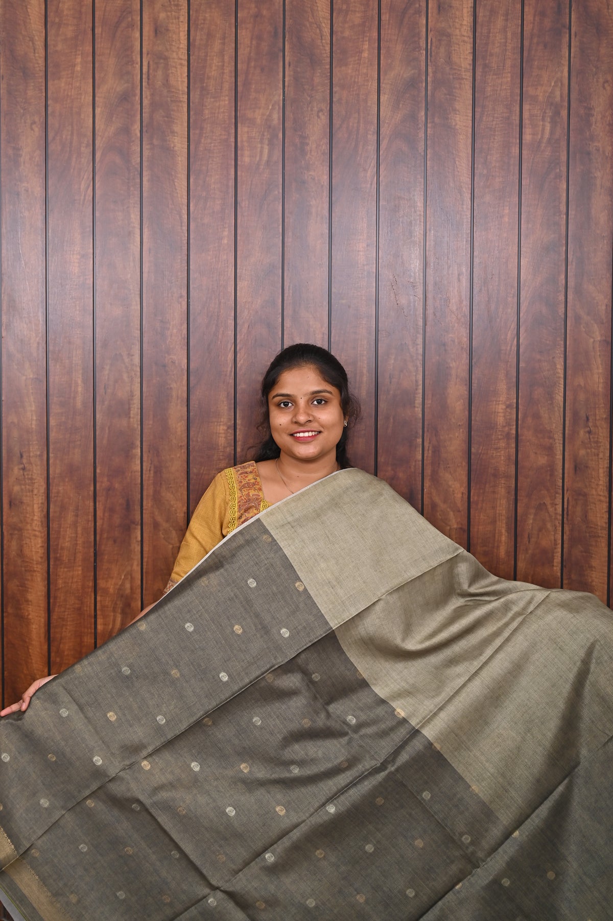 Semi Tussar Saree SLM-STS-0015 - Sage grey with lotus motifs - second view