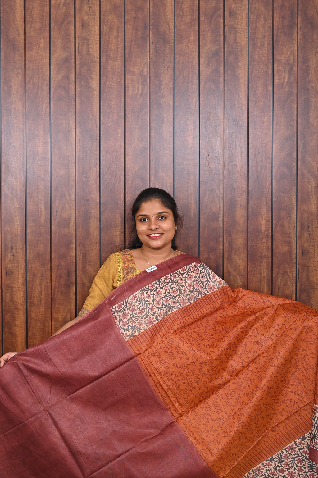 Semi Tussar Saree SLM-STS-0016 - Rust orange with a printed floral border - second view