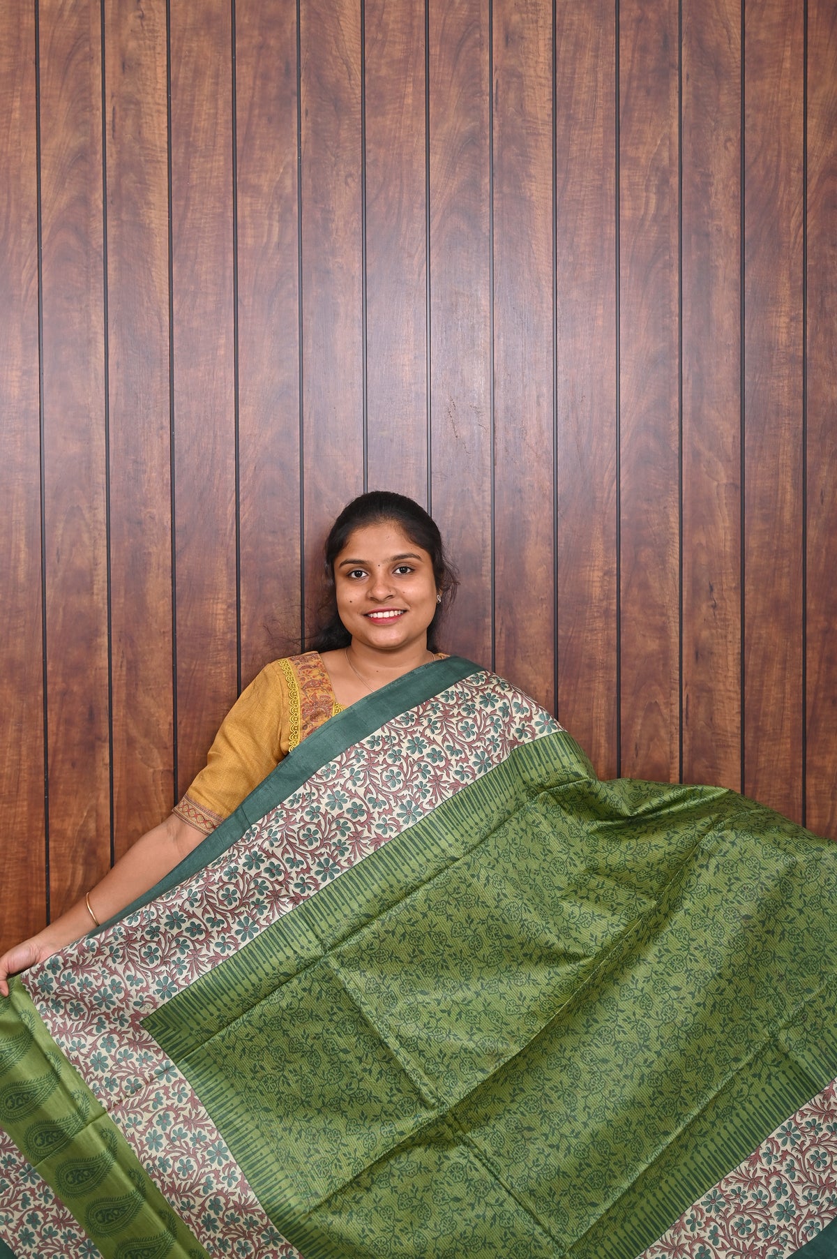 Semi Tussar Saree SLM-STS-0017 - Olive green with a printed floral border - front view
