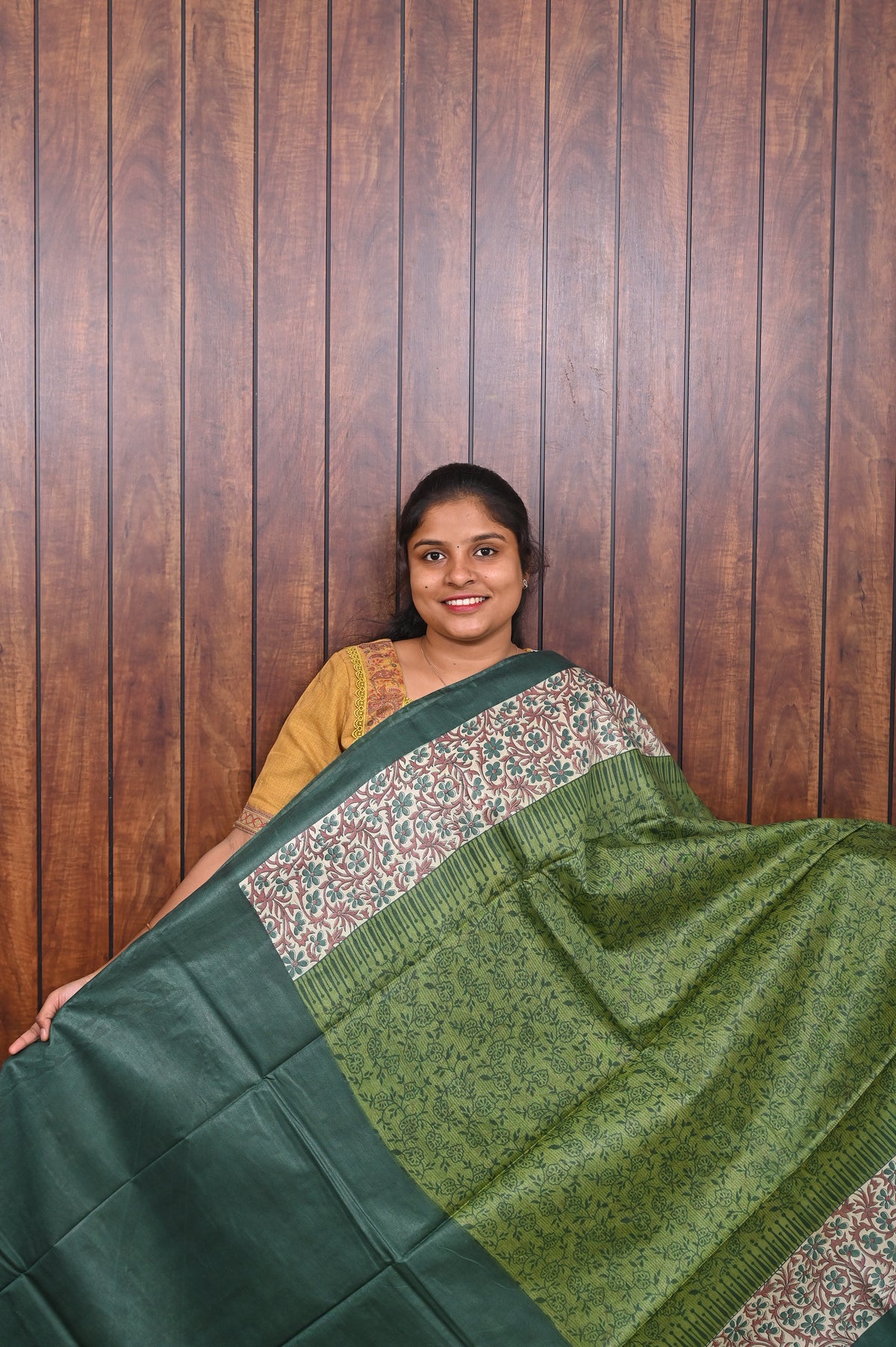Semi Tussar Saree SLM-STS-0017 - Olive green with a printed floral border - second view