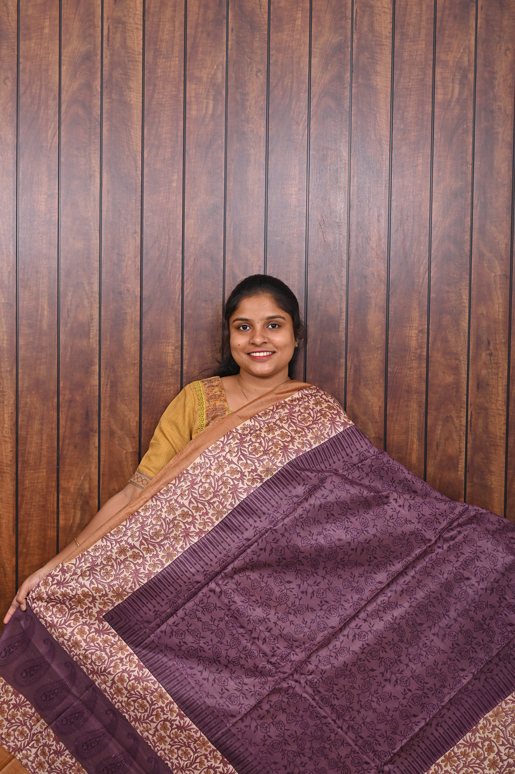 Semi Tussar Saree SLM-STS-0018 - Plum purple with a printed floral border - front view
