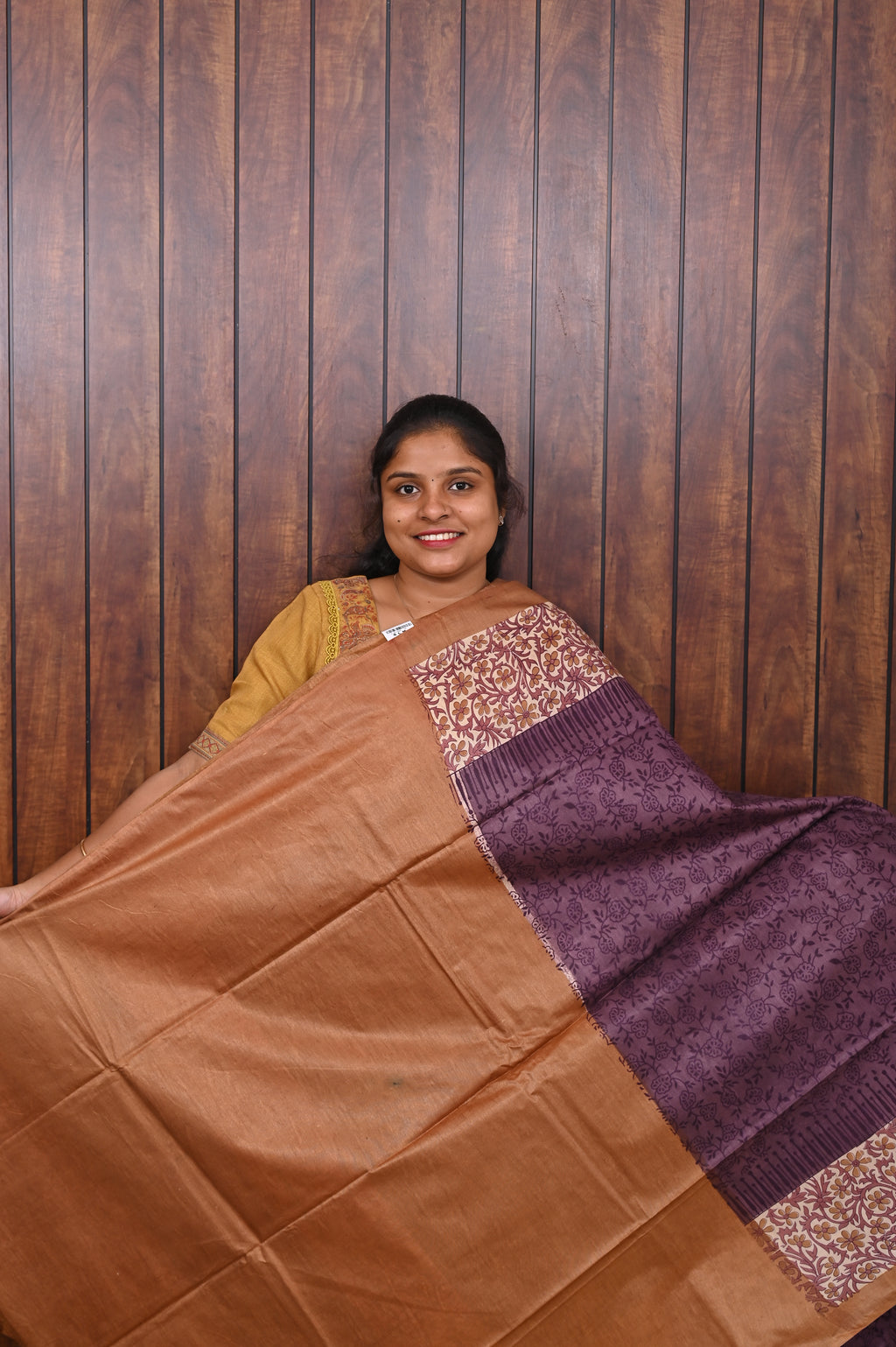 Semi Tussar Saree SLM-STS-0018 - Plum purple with a printed floral border - second view