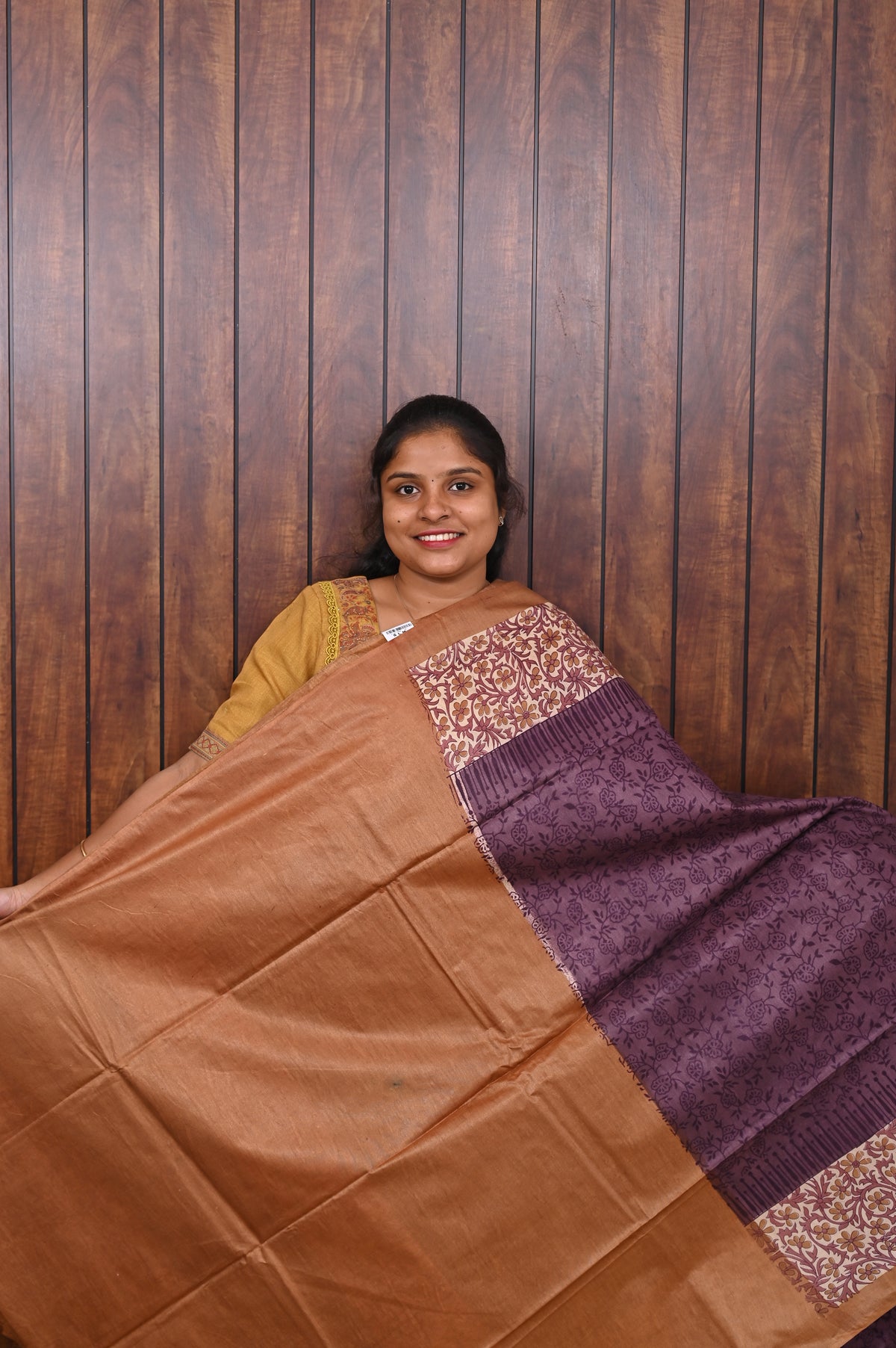 Semi Tussar Saree SLM-STS-0018 - Plum purple with a printed floral border - second view