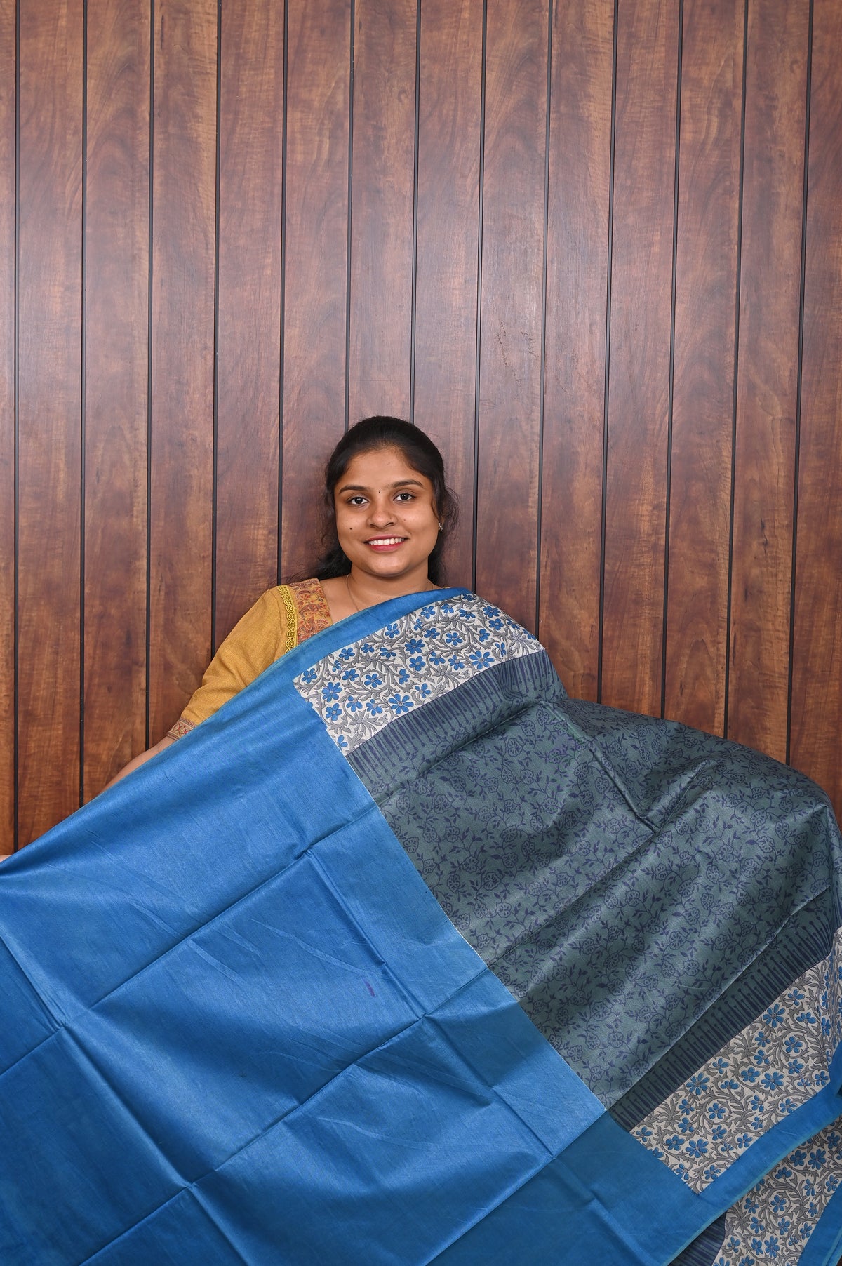 Semi Tussar Saree SLM-STS-0019 - Slate blue with a printed floral border and blue edging - second view
