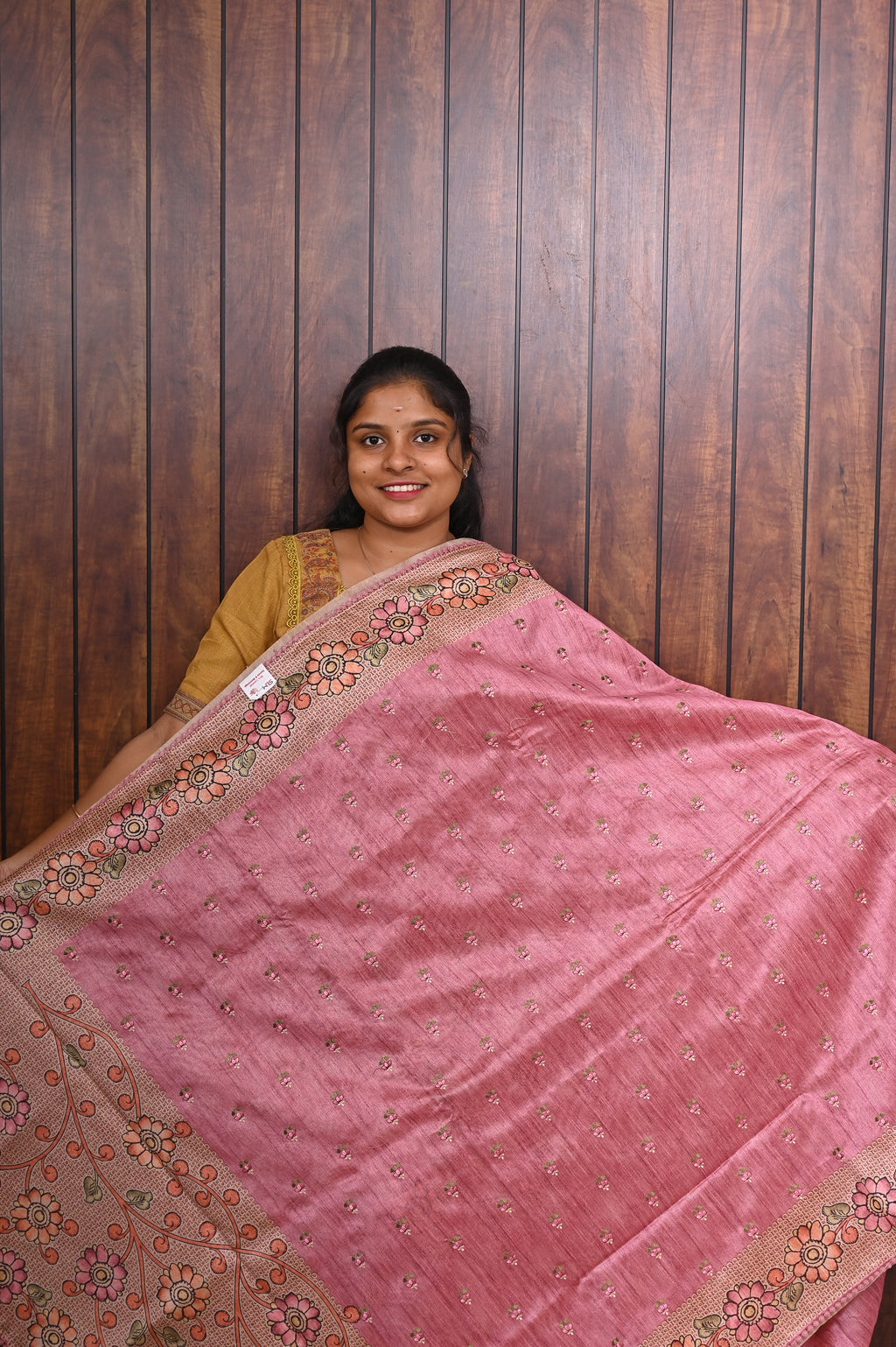 Semi Tussar Saree SLM-STS-0020 - Rose pink with a printed floral border - front view