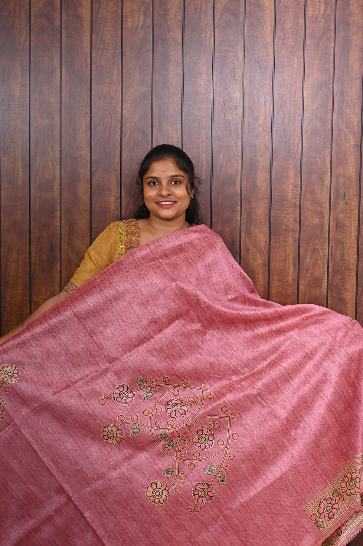 Semi Tussar Saree SLM-STS-0020 - Rose pink with a printed floral border - second view