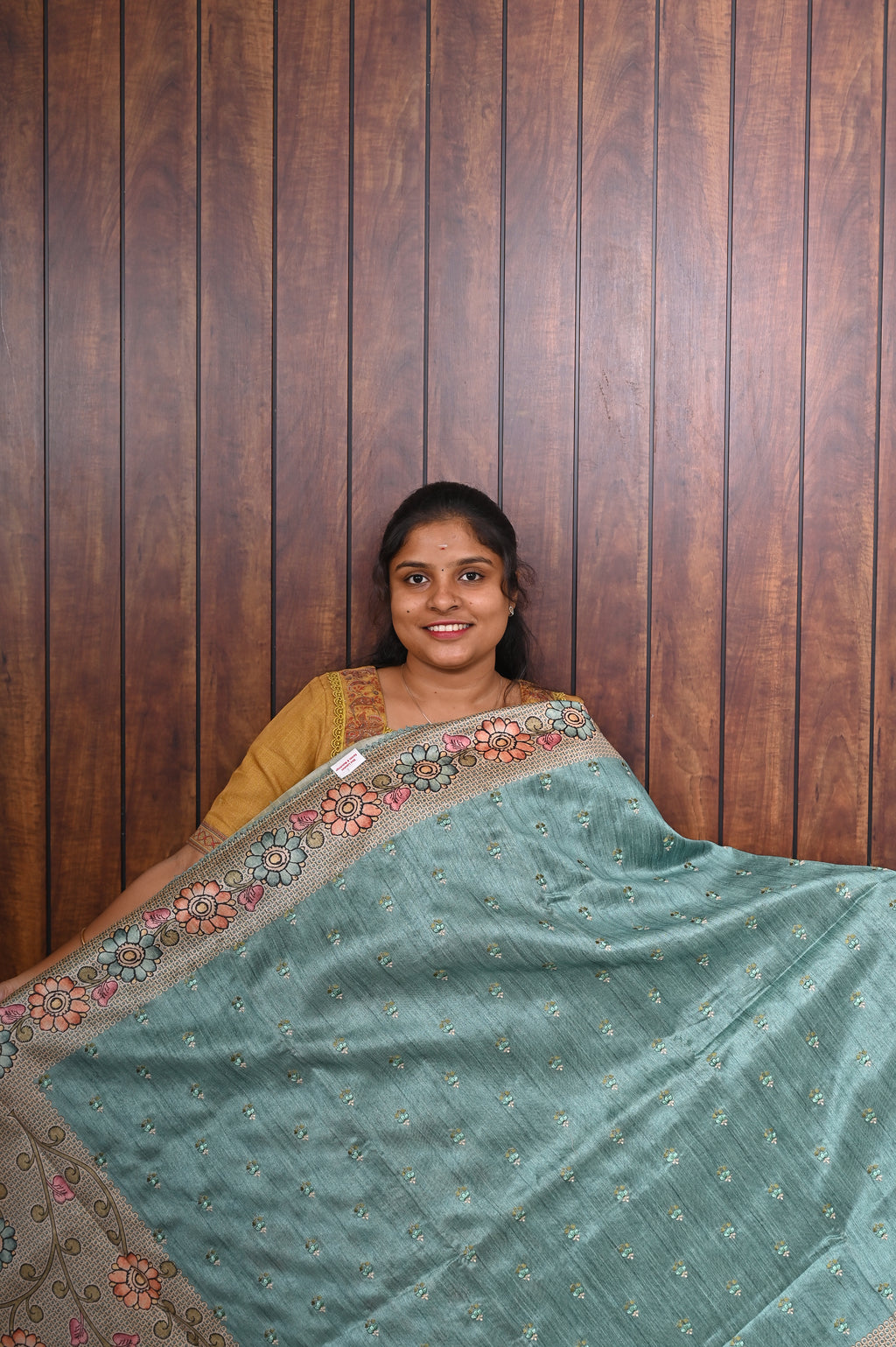 Semi Tussar Saree SLM-STS-0021 - Sea green with a printed floral border - front view