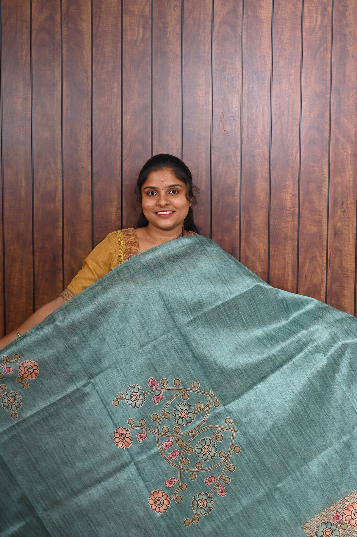 Semi Tussar Saree SLM-STS-0021 - Sea green with a printed floral border - second view