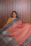 Semi Tussar Saree SLM-STS-0023 - Coral pink with a grey pallu and leaf motifs - front view