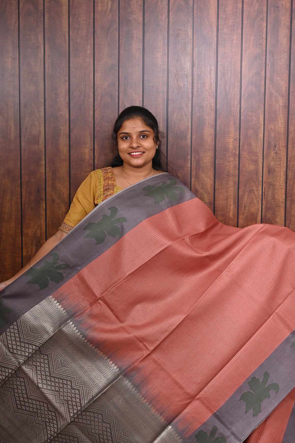 Semi Tussar Saree SLM-STS-0023 - Coral pink with a grey pallu and leaf motifs - front view