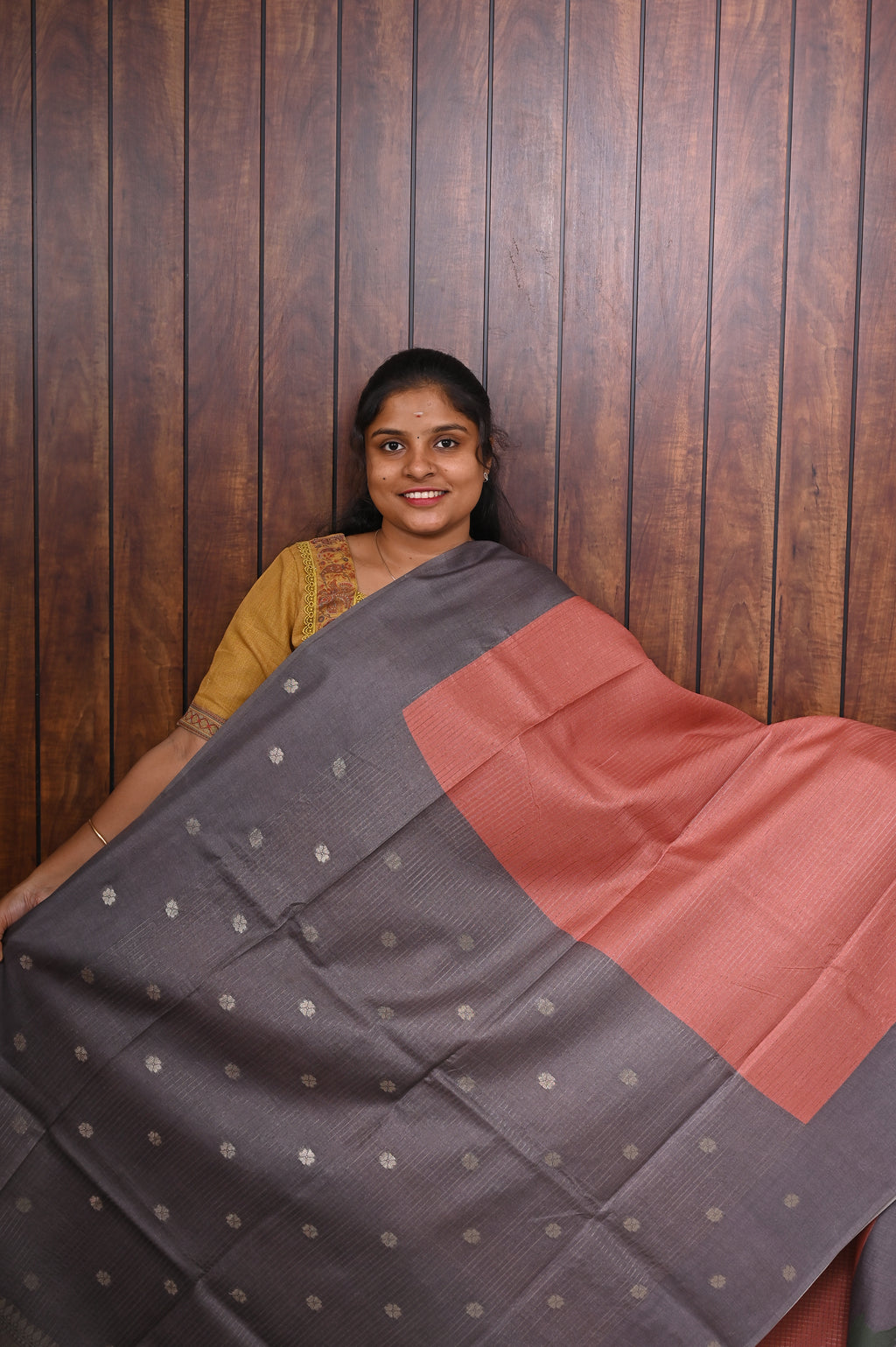 Semi Tussar Saree SLM-STS-0023 - Coral pink with a grey pallu and leaf motifs - second view