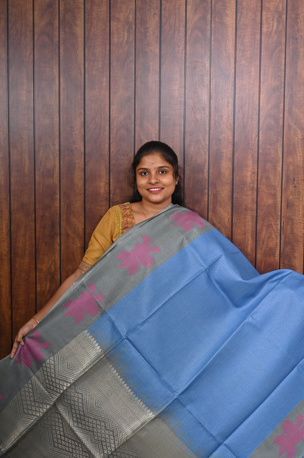 Semi Tussar Saree SLM-STS-0024 - Sky blue with a grey pallu and pink leaf motifs - front view