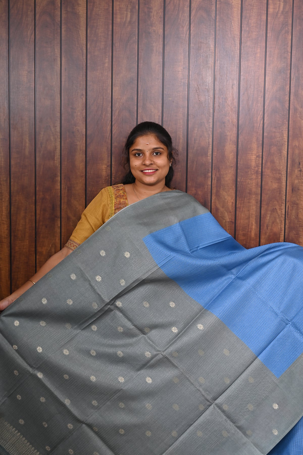 Semi Tussar Saree SLM-STS-0024 - Sky blue with a grey pallu and pink leaf motifs - second view