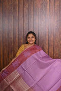 Semi Tussar Saree SLM-STS-0025 - Pink with a maroon pallu and leaf motifs - front view